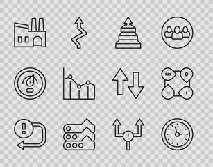 Set line Arrow, Clock, Pyramid chart infographics, Graph, chart, diagram, Factory, Pie, and Infographic element icon. Vector