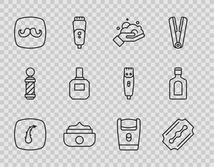 Set line Human hair follicle, Blade razor, Shaving foam on hand, Gel wax for styling, Barbershop, Aftershave, Electric blade and Bottle of shampoo icon. Vector