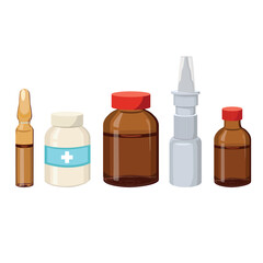 various vials for medicines - plastic jar, nasal spray, brown glass jars, injection ampoule. Vector illustration