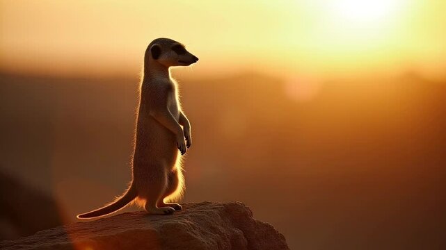 Meerkat Standing on Rock in Golden Sunset Light Observing its Surroundings at Sunset with a Warm Orange Glow in the African Wilderness