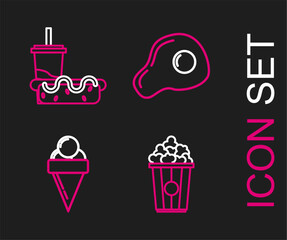 Set line Popcorn in cardboard box, Ice cream waffle cone, Scrambled eggs and Paper glass with drinking straw and hotdog icon. Vector