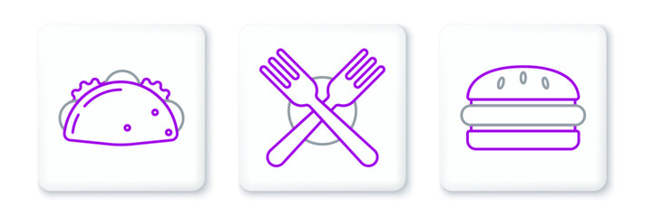 Set line Burger, Taco with tortilla and Crossed fork icon. Vector