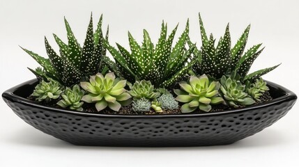 Succulent arrangement in a decorative black boat-shaped pot