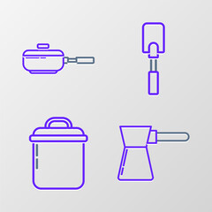 Set line Coffee turk, Cooking pot, Spatula and Frying pan icon. Vector