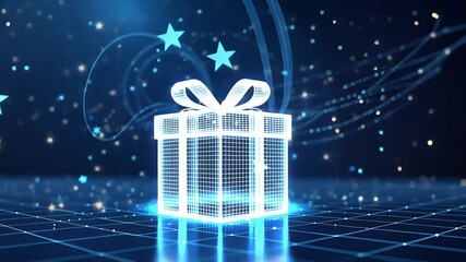 Futuristic glowing gift box with ribbon and floating stars on digital grid surface, illuminated by sparkling blue light in a virtual background
- Powered by Adobe