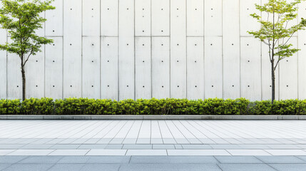 Trees Stand Tall against Concrete Wall with Green Bushes and Stone Tiles Floor