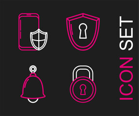Set line Lock, Ringing bell, Shield with keyhole and Smartphone security shield icon. Vector