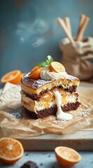 Delicious layered cake with orange slices and whipped cream