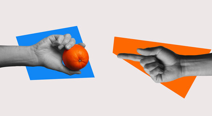 Modern collage in pop art style. Hand holding orange on color background	