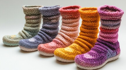 Colorful crocheted slipper socks in various shades