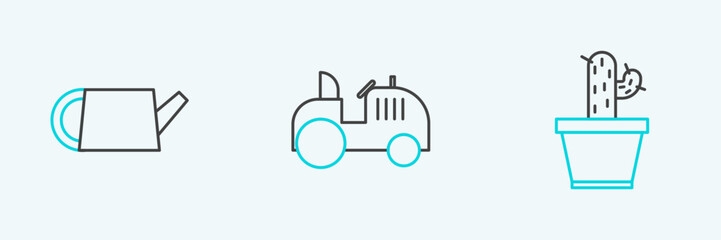 Set line Cactus and succulent in pot, Watering can and Tractor icon. Vector