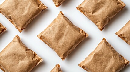 Beige paper pouches arranged in a grid pattern on a white background.  Each pouch is sealed and displays a square shape