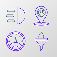 Set line Funnel or filter and motor oil drop, Speedometer, Car service and High beam icon. Vector