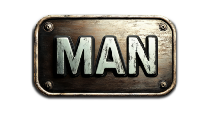 Metal sign with word MAN embossed in bold letters, showcasing rustic and industrial design. weathered texture adds character and vintage feel to piece
