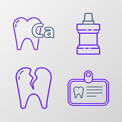 Set line Id card with tooth, Broken, Mouthwash plastic bottle and Calcium for icon. Vector