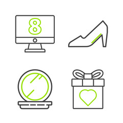 Set line Gift box and heart, Makeup powder with mirror, Woman shoe and 8 March on monitore icon. Vector
