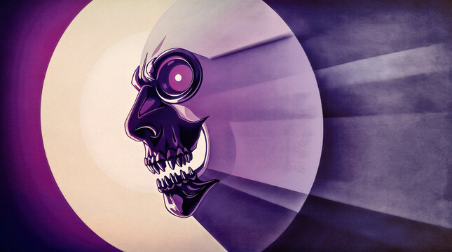 A figure resembling a human skull. Side view, abstract depiction, vintage look.