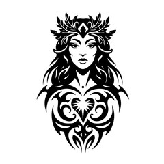 Fototapeta premium Tribal Woman with Leafy Crown and Glowing Heart in Black and White Design for Art Blogs, Awareness Campaigns, Graphic Design Projects, and Spiritual Websites