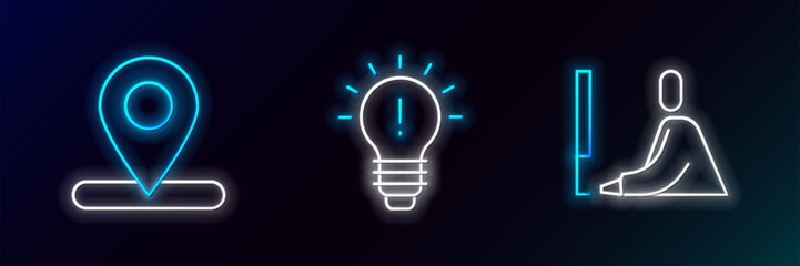 Set line Student working at laptop, Location and Light bulb with concept of idea icon. Glowing neon. Vector
