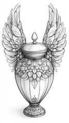 Ornate, winged urn sketch. Detailed, elegant design