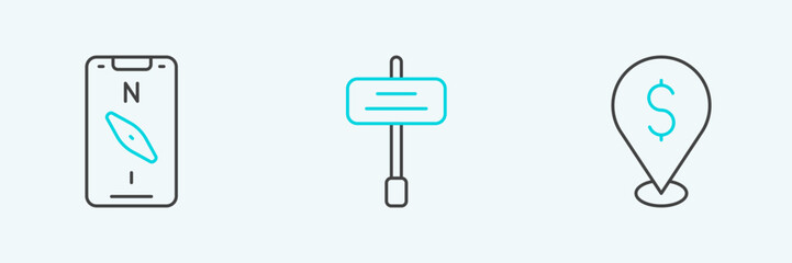 Set line Cash location, Compass mobile and Road traffic sign icon. Vector