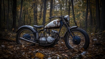 Naklejka premium A vintage motorcycle parked in a forest with colorful fallen leaves covering the ground.