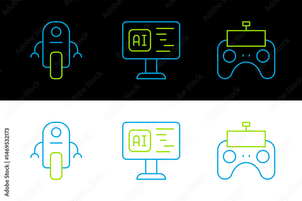 Poster Set line Remote control, Robot and Software icon. Vector