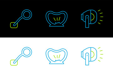 Set line Bicycle head lamp, rear view mirror and punctured tire icon. Vector © Oksana