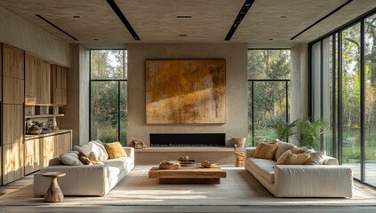 Obraz premium Modern minimalist living room with natural elements