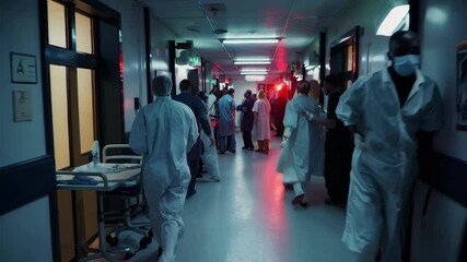 Medical emergency team running in hospital corridor