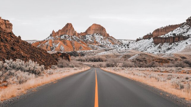 A winding road in a desert landscape with snow-capped mountains in the background. - Powered by Adobe