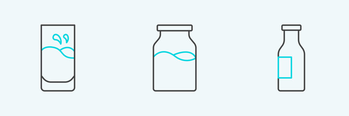 Set line Bottle with milk, Glass and icon. Vector