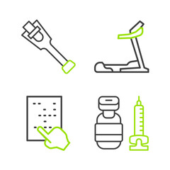 Fototapeta premium Set line Syringe, Braille, Treadmill machine and Prosthesis leg icon. Vector