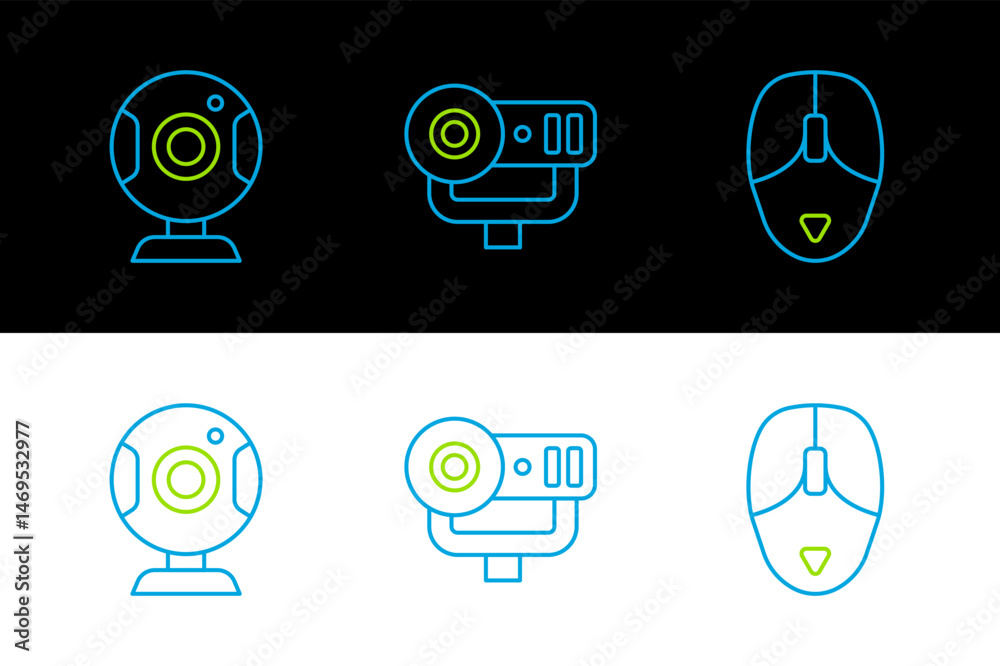 Poster set line computer mouse, web camera and icon. vector
