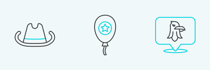 Set line Eagle, Western cowboy hat and Balloons icon. Vector