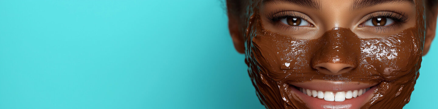 Smiling Woman with Mud Mask on Face &ndash; Boryeong Mud Festival Beauty Flatlay Copy Space