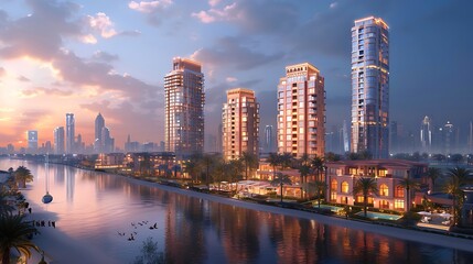 Fototapeta premium Tower reflections in calm marina water high resolution image