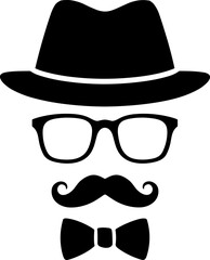 Stylish Gentleman's Silhouette: A classic silhouette showcases the timeless elements of a well-dressed gentleman, composed of a hat, spectacles, mustache, and bow tie.