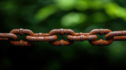 Fototapeta premium A rusty chain in the foreground with a blurred green background.
