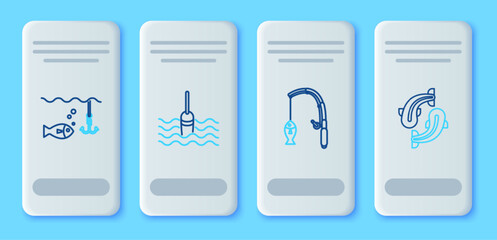 Set line Fishing float in water, rod and fish, hook under with and icon. Vector