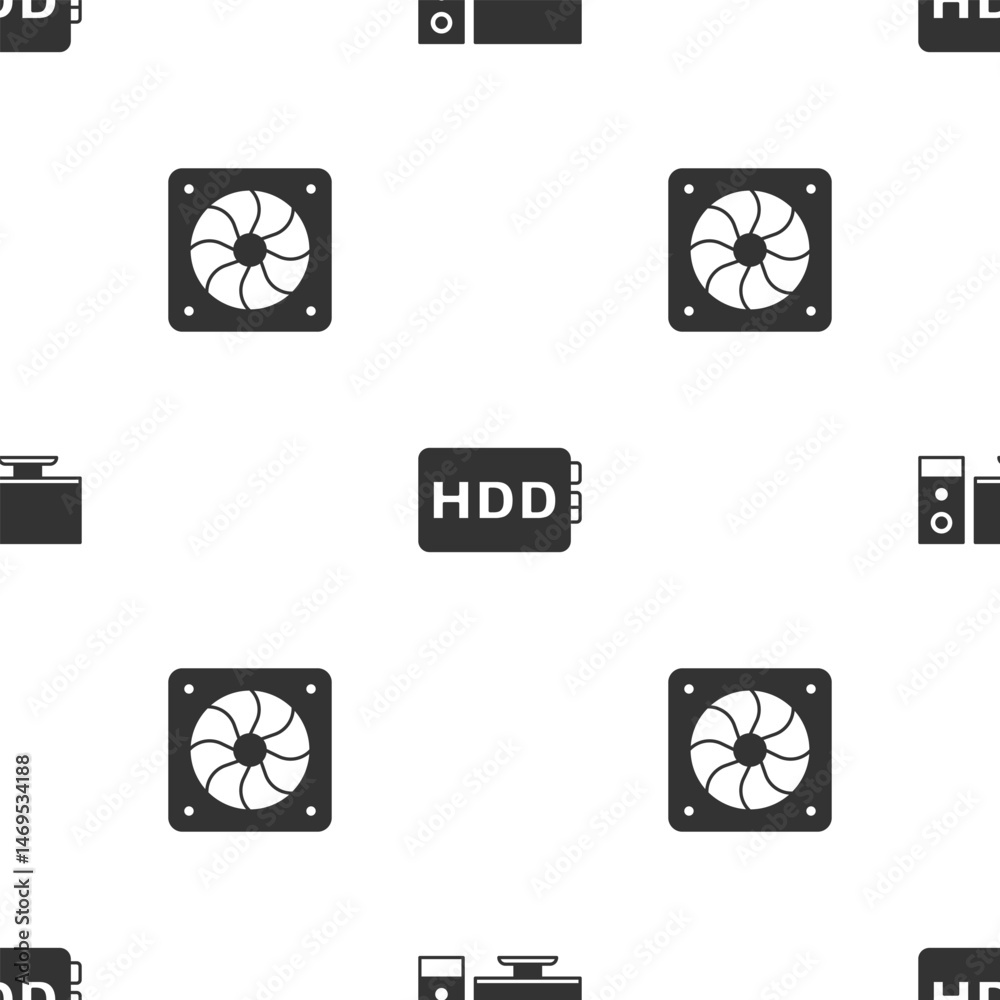Poster set computer monitor, hard disk drive hdd and cooler on seamless pattern. vector