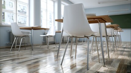 Angled view of a stylish classroom interior with chrome-leg chairs and clean tabletops, empty