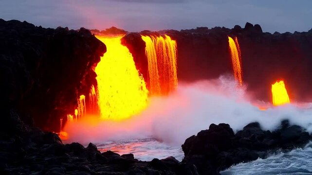 La lava fundida cae en cascada vigorosamente desde formaciones rocosas oscuras y escarpadas, proyectando una luz naranja brillante sobre el paisaje. Las olas rompen con fuerza contra la orilla rocosa,