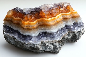 Fototapeta premium Striated mineral specimen. Layered agate with quartz crystals