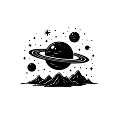 Stylized monochromatic illustration of a ringed planet over abstract mountains
