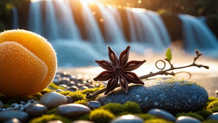 Star Anise and Orange by Waterfall with Moss and Stones