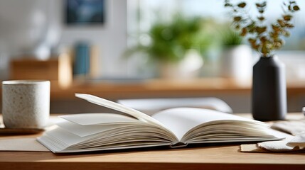 Naklejka premium A close-up of an open notebook on a desk, featuring blank white pages and a clean, organized workspace
