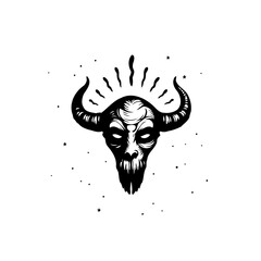 Stylized monochrome illustration of a sinister bull skull with radial lines