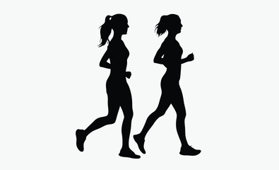 female runners silhouette, athletic women sprinting, group race motion, active sports pose, marathon team motion, sporty female stride, black white runners, fitness race silhouette, competitive women 