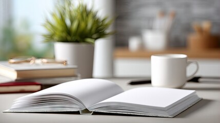 A close-up of an open notebook with empty white sheets, ready for brainstorming or a writing session, sitting on a tidy desk